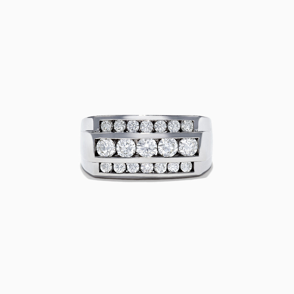 The Mens 14K White Gold Diamond Ring, 1.67 TCW features three rows of round clear diamonds set in a wide silver band, displayed on a white background.
