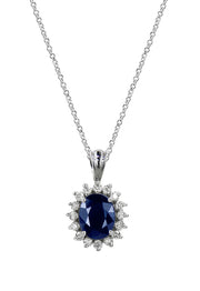 The Royalty 14K White Gold Blue Sapphire and Diamond Pendant features an oval blue sapphire, surrounded by a halo of diamonds (2.29 TCW) in a sophisticated white gold setting.