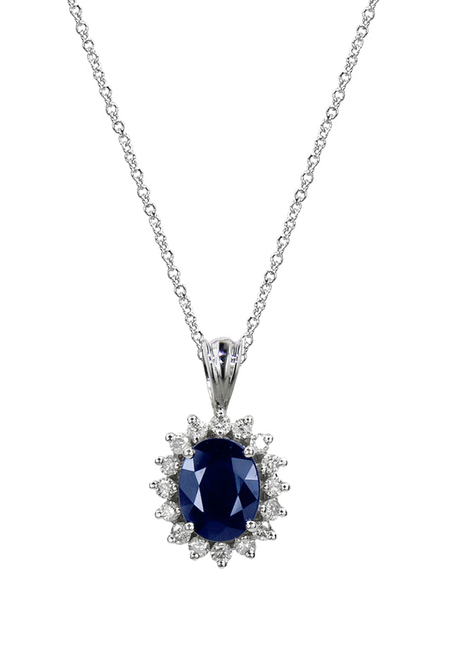 The Royalty 14K White Gold Blue Sapphire and Diamond Pendant features an oval blue sapphire, surrounded by a halo of diamonds (2.29 TCW) in a sophisticated white gold setting.