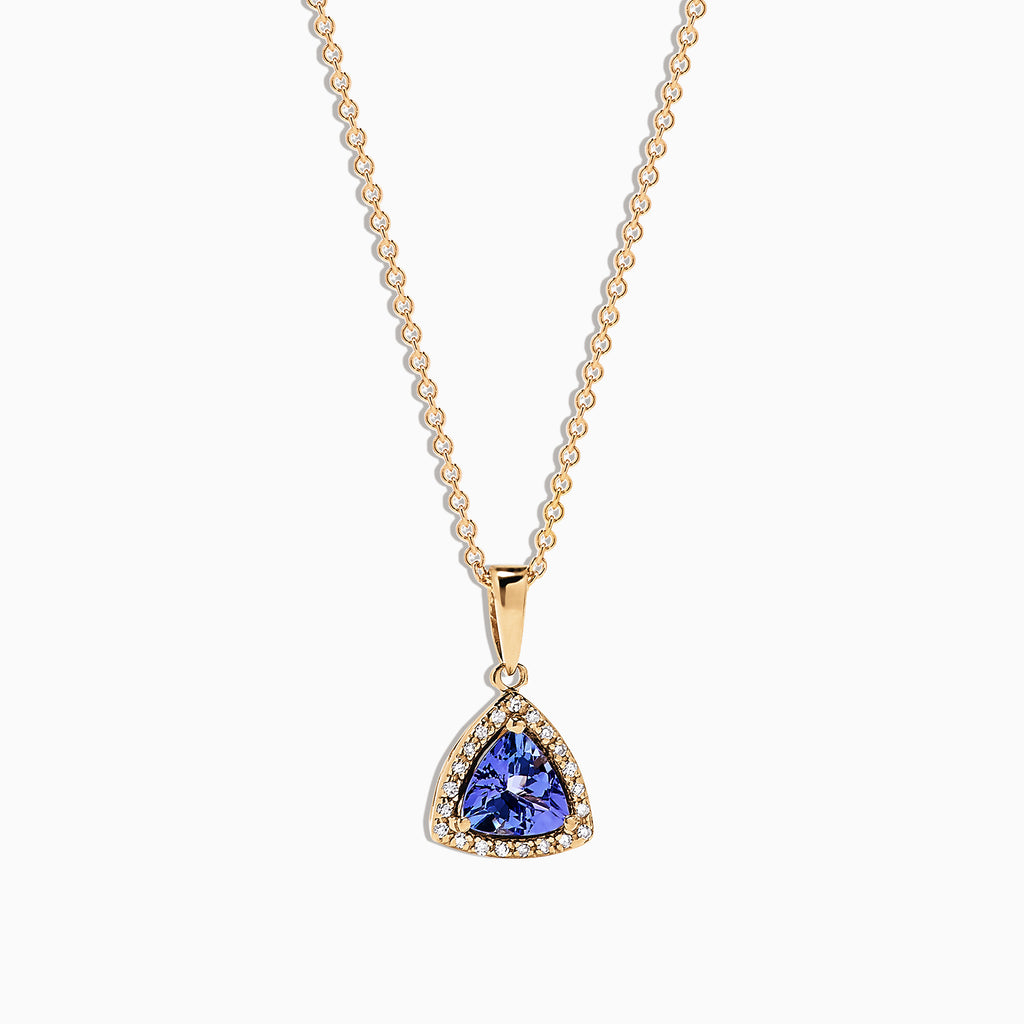 The Nahla Siri 14K Yellow Gold Tanzanite & Diamond Pendant (0.72 TCW) features a triangular tanzanite gemstone framed by diamonds, shown on a white background.
