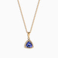 The Nahla Siri 14K Yellow Gold Tanzanite & Diamond Pendant (0.72 TCW) features a triangular tanzanite gemstone framed by diamonds, shown on a white background.