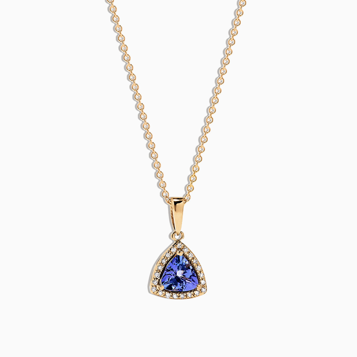 The Nahla Siri 14K Yellow Gold Tanzanite & Diamond Pendant (0.72 TCW) features a triangular tanzanite gemstone framed by diamonds, shown on a white background.