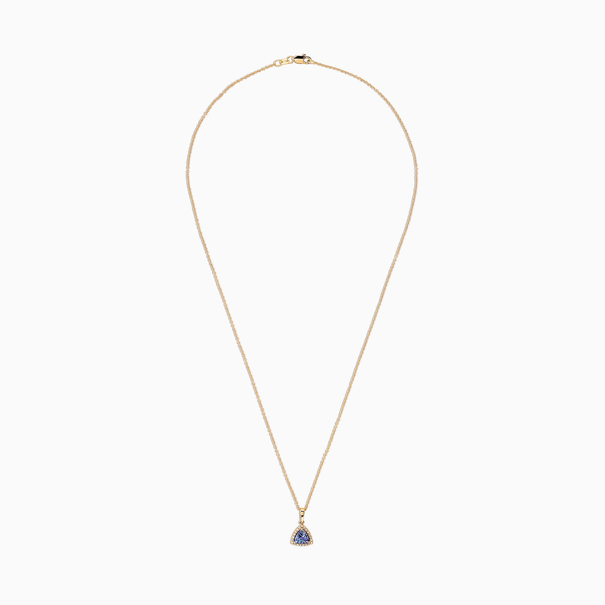 The Nahla Siri 14K Yellow Gold Tanzanite & Diamond Pendant (0.72 TCW) features a triangular tanzanite gemstone framed by diamonds, shown on a white background.