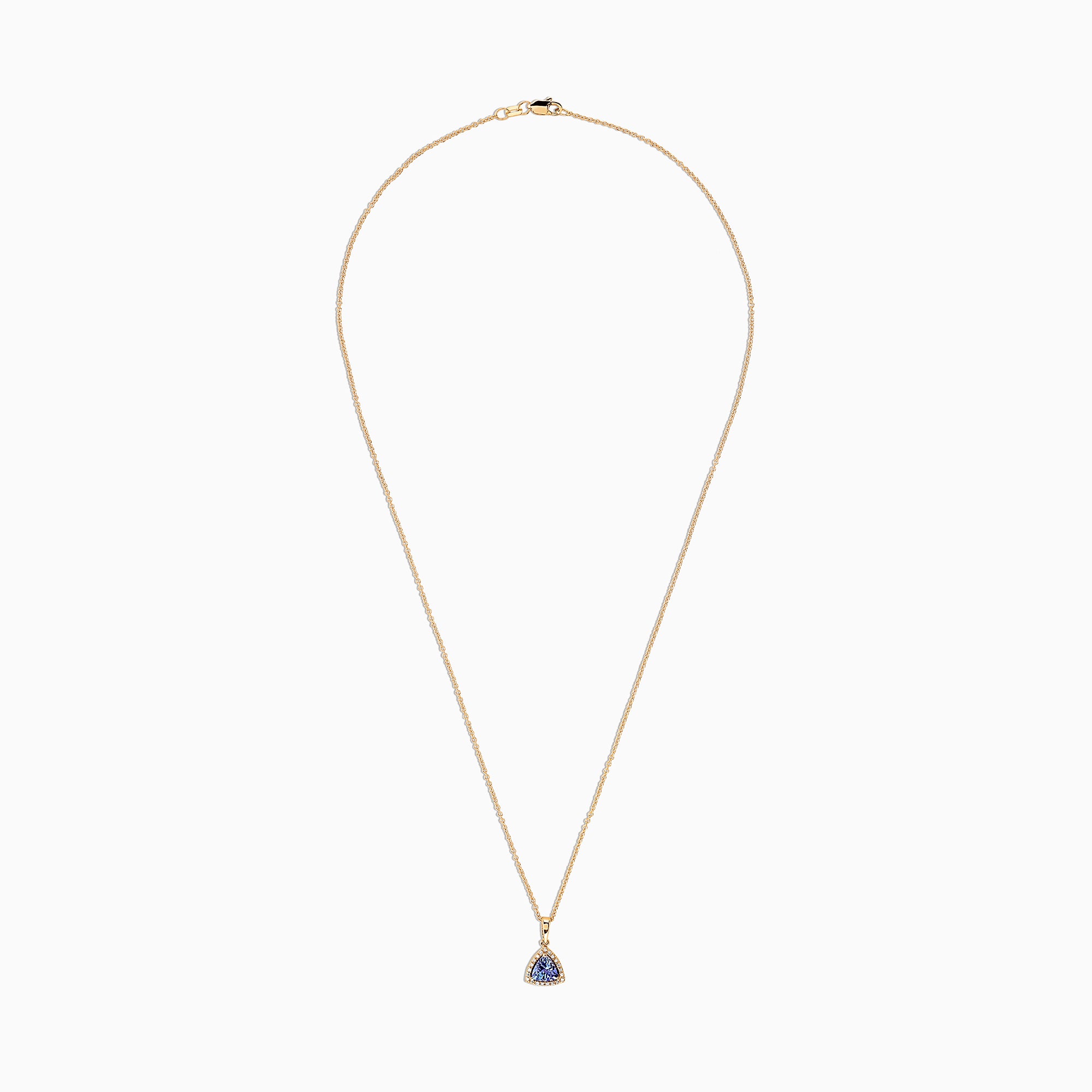 The Nahla Siri 14K Yellow Gold Tanzanite & Diamond Pendant (0.72 TCW) features a triangular tanzanite gemstone framed by diamonds, shown on a white background.
