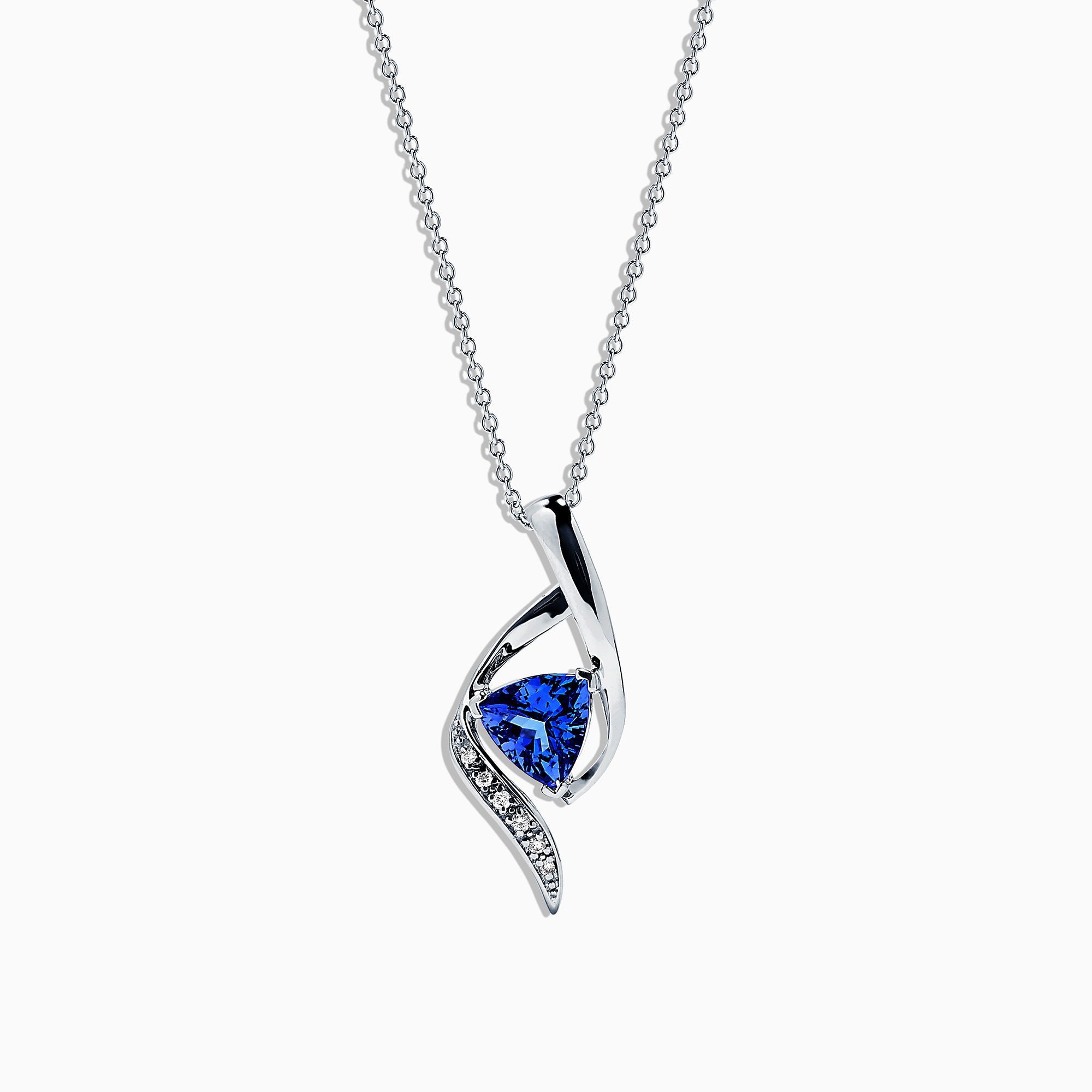 The Nahla Siri 14K White Gold Tanzanite & Diamond Pendant (1.46 TCW) features a twisted design with a triangular tanzanite gemstone and a row of sparkling diamonds set along one curve.