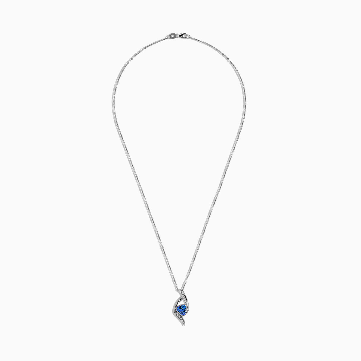 The Nahla Siri 14K White Gold Tanzanite & Diamond Pendant (1.46 TCW) features a twisted design with a triangular tanzanite gemstone and a row of sparkling diamonds set along one curve.