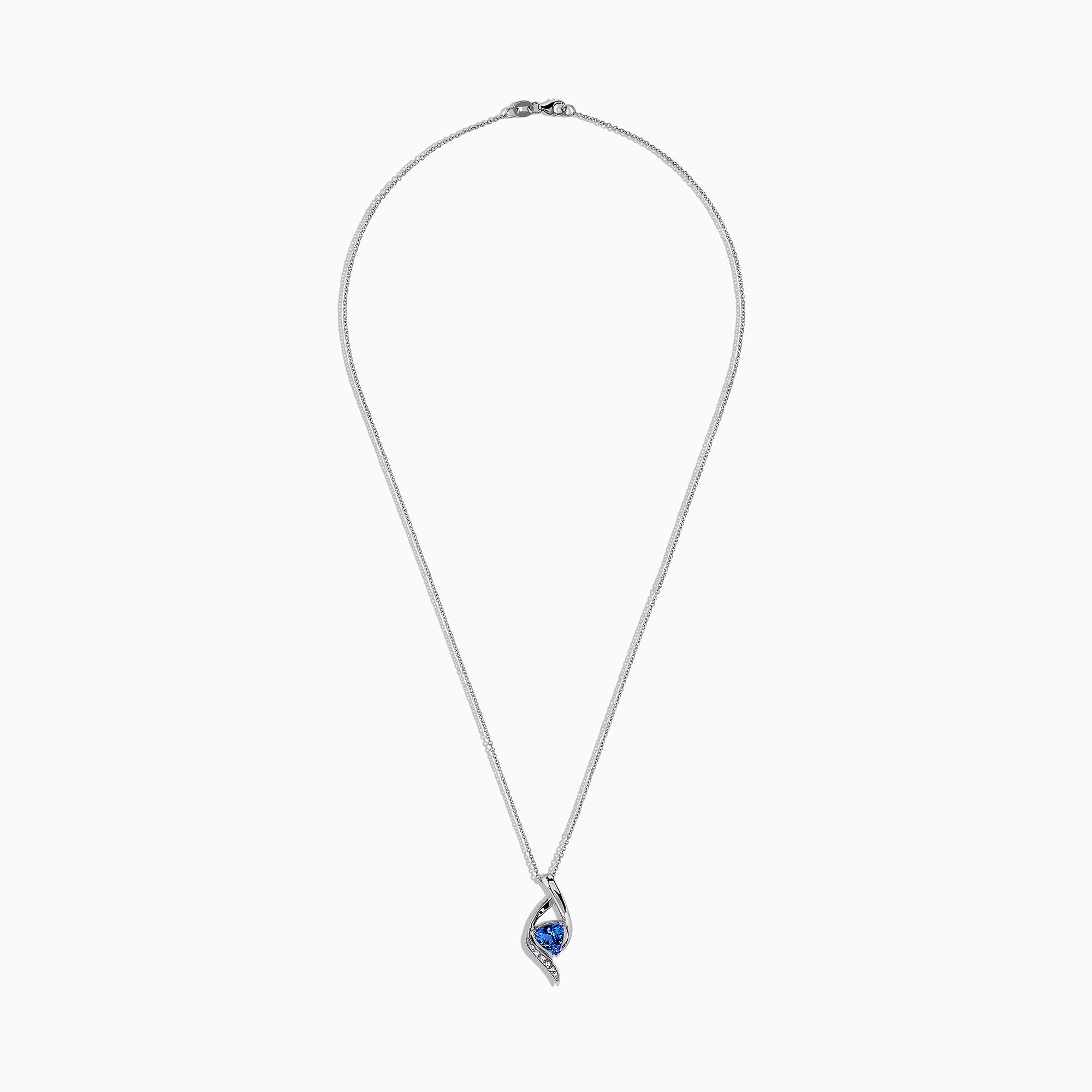 The Nahla Siri 14K White Gold Tanzanite & Diamond Pendant (1.46 TCW) features a twisted design with a triangular tanzanite gemstone and a row of sparkling diamonds set along one curve.