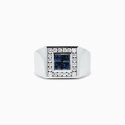 The Mens 14K White Gold Sapphire and Diamond Ring, 1.69 TCW, features a square cluster of four blue sapphires framed by sparkling diamonds on a wide, polished band.