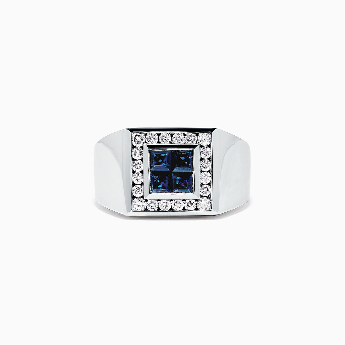 The Mens 14K White Gold Sapphire and Diamond Ring, 1.69 TCW, features a square cluster of four blue sapphires framed by sparkling diamonds on a wide, polished band.
