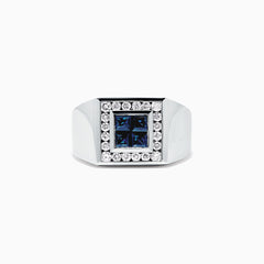 The Mens 14K White Gold Sapphire and Diamond Ring, 1.69 TCW, features a square cluster of four blue sapphires framed by sparkling diamonds on a wide, polished band.