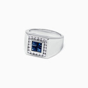 The Mens 14K White Gold Sapphire and Diamond Ring, 1.69 TCW, features a square cluster of four blue sapphires framed by sparkling diamonds on a wide, polished band.