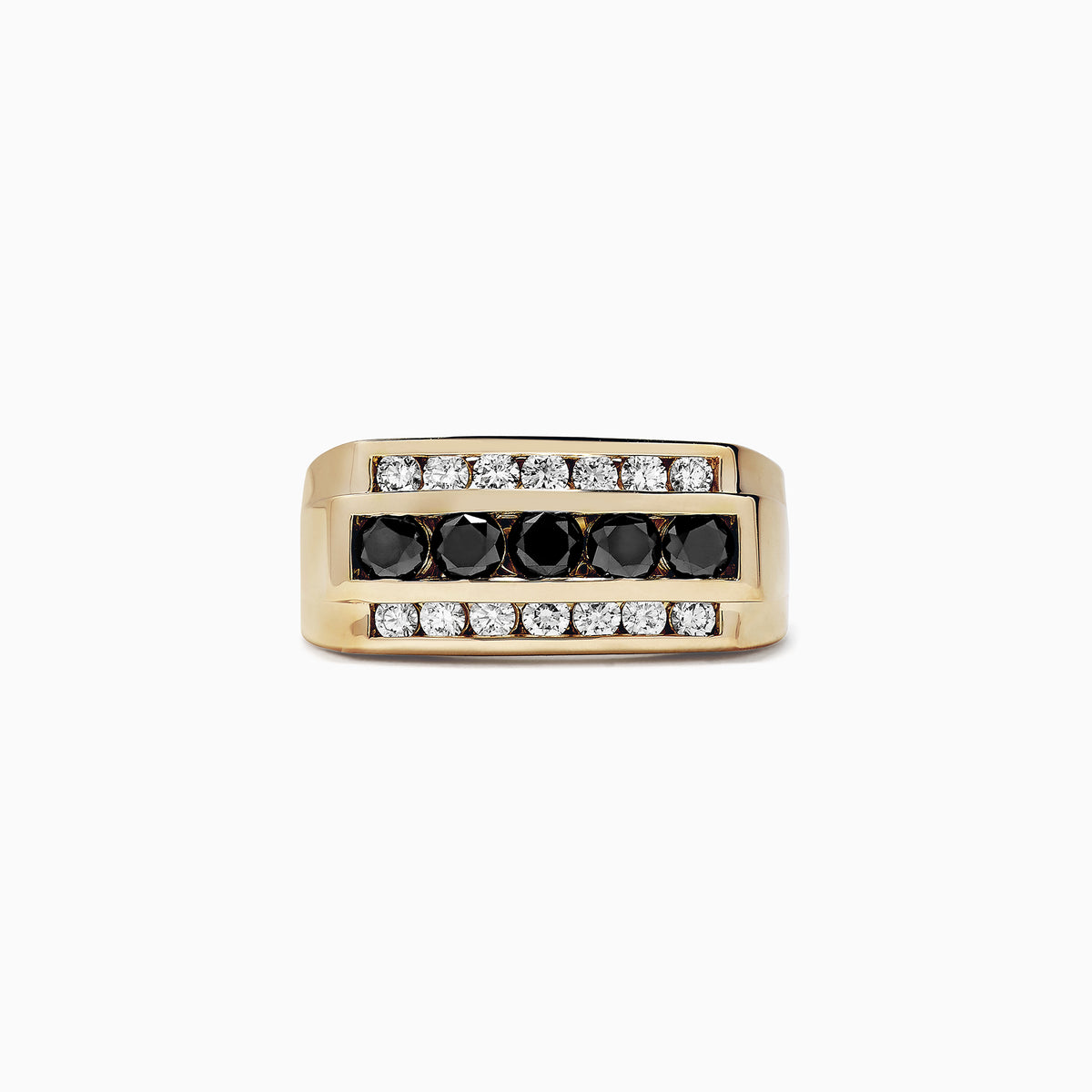 Mens 14K Yellow Gold Black and White Diamond Ring, 1.67 TCW, features a rectangular design with a central row of black stones framed by two rows of white diamonds for a bold, elegant look.
