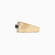 Mens 14K Yellow Gold Black and White Diamond Ring, 1.67 TCW, features a rectangular design with a central row of black stones framed by two rows of white diamonds for a bold, elegant look.