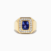 Mens 14K Yellow Gold Ring featuring a square deep blue tanzanite at the center, framed by sparkling round diamonds. Total carat weight: 4.20 TCW.