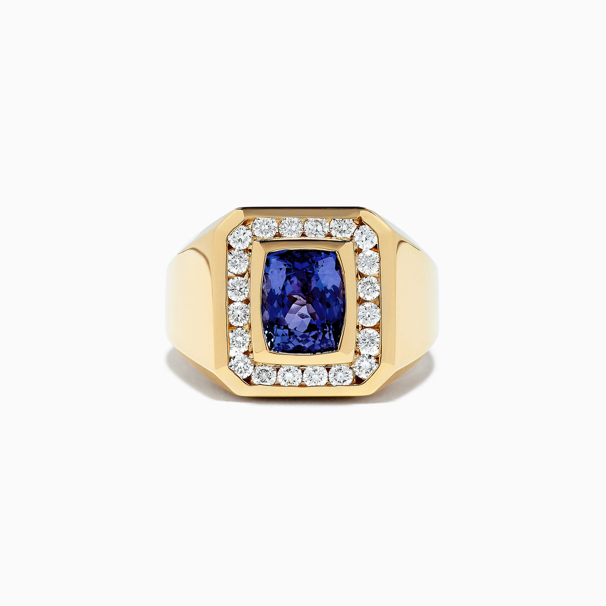 Mens 14K Yellow Gold Ring featuring a square deep blue tanzanite at the center, framed by sparkling round diamonds. Total carat weight: 4.20 TCW.