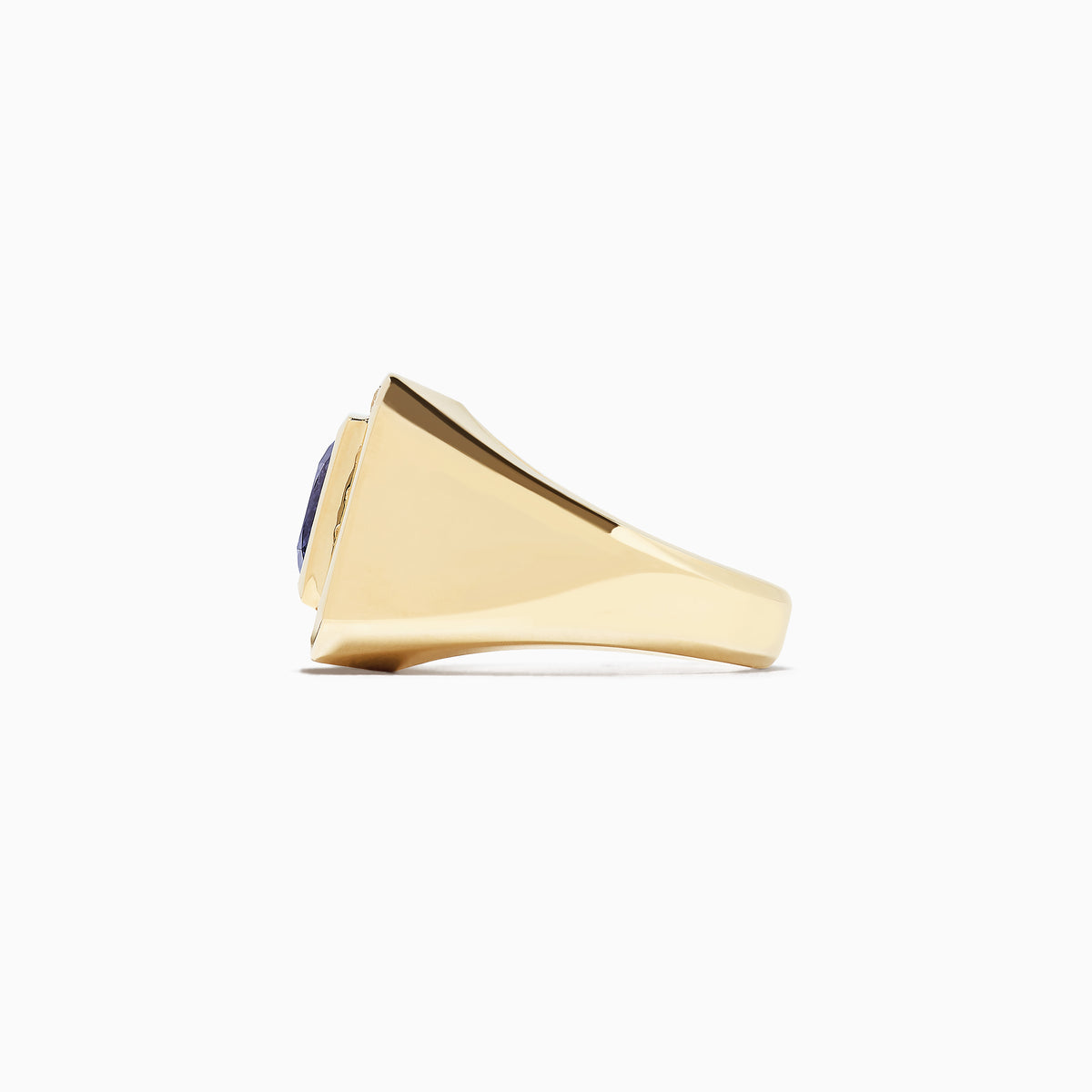 Mens 14K Yellow Gold Ring featuring a square deep blue tanzanite at the center, framed by sparkling round diamonds. Total carat weight: 4.20 TCW.