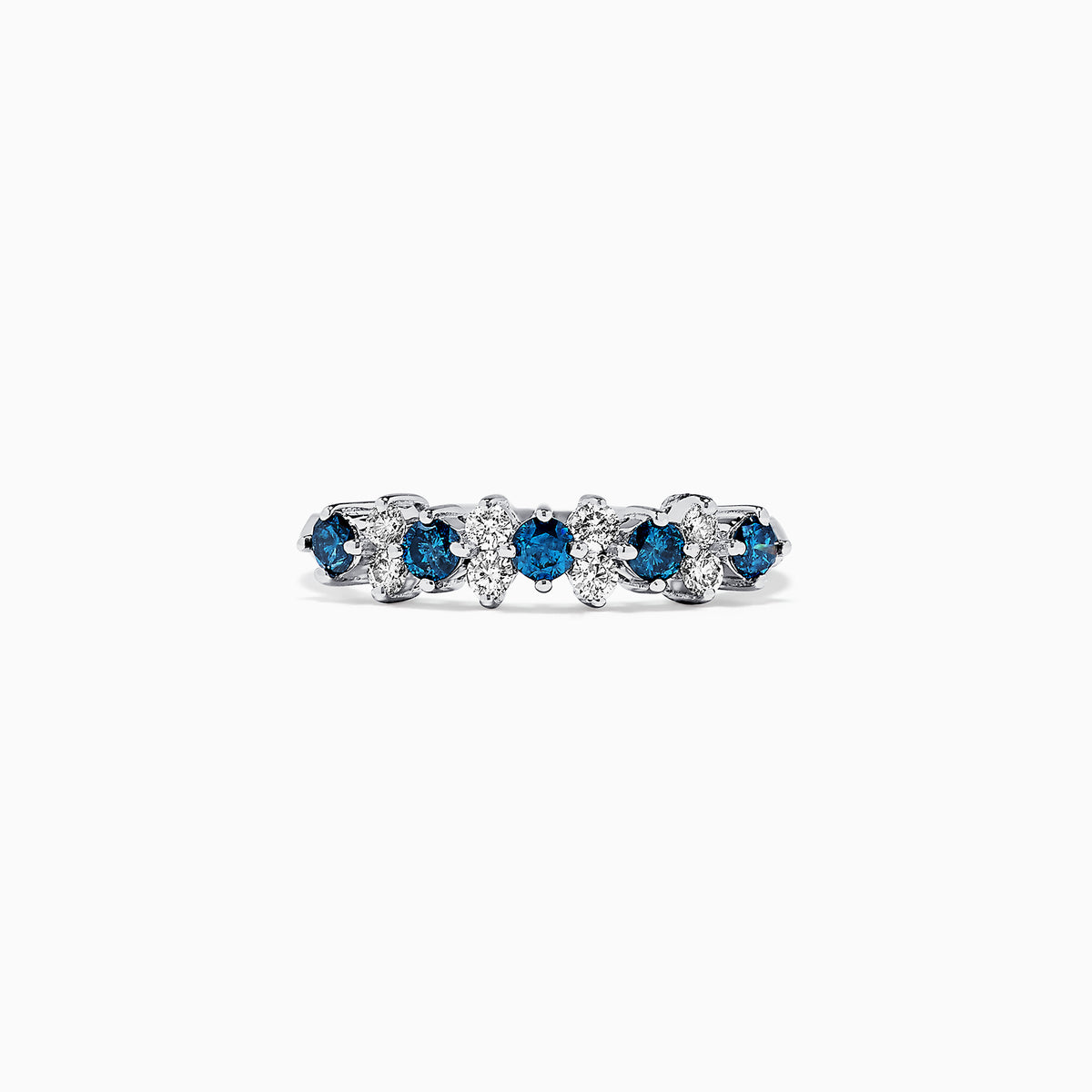 The Bella Bleu 14K White Gold Blue and White Diamond Ring, 0.58 TCW, showcases alternating round blue and white diamonds set in polished gold, beautifully displayed on a white background.