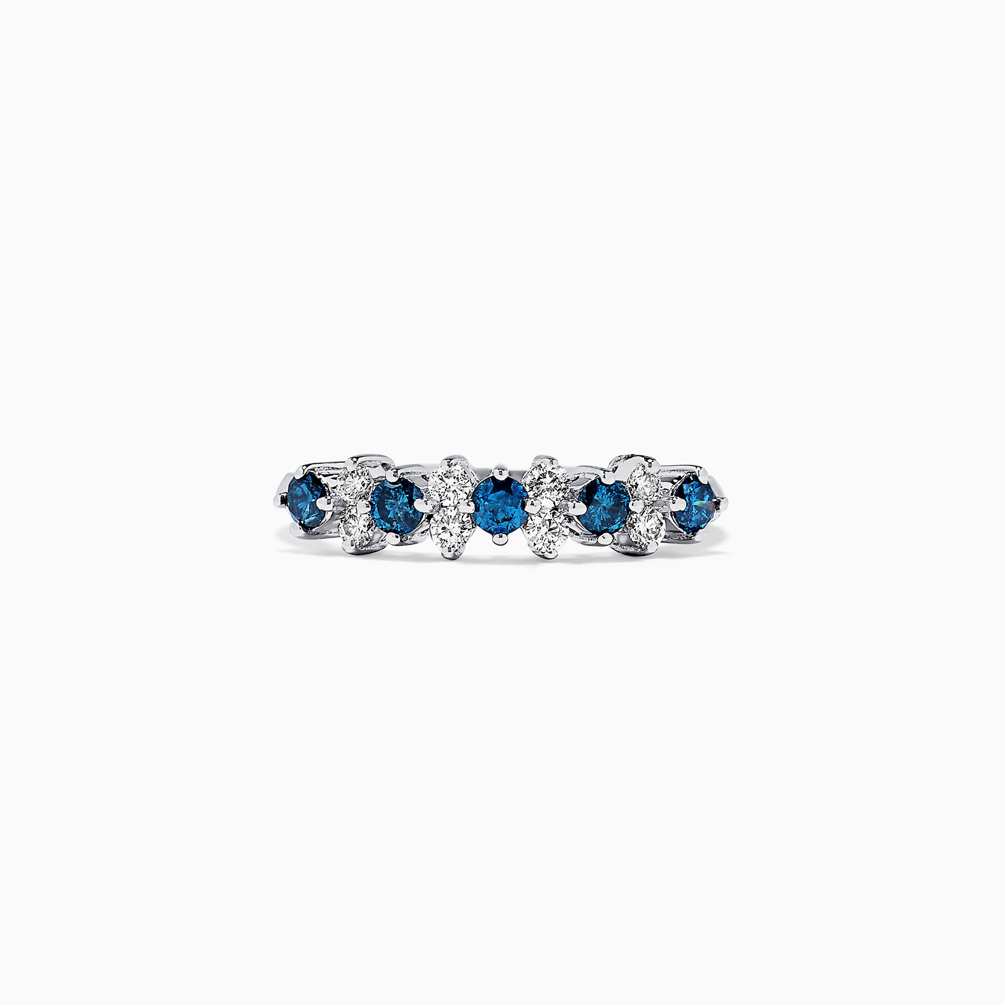 The Bella Bleu 14K White Gold Blue and White Diamond Ring, 0.58 TCW, showcases alternating round blue and white diamonds set in polished gold, beautifully displayed on a white background.