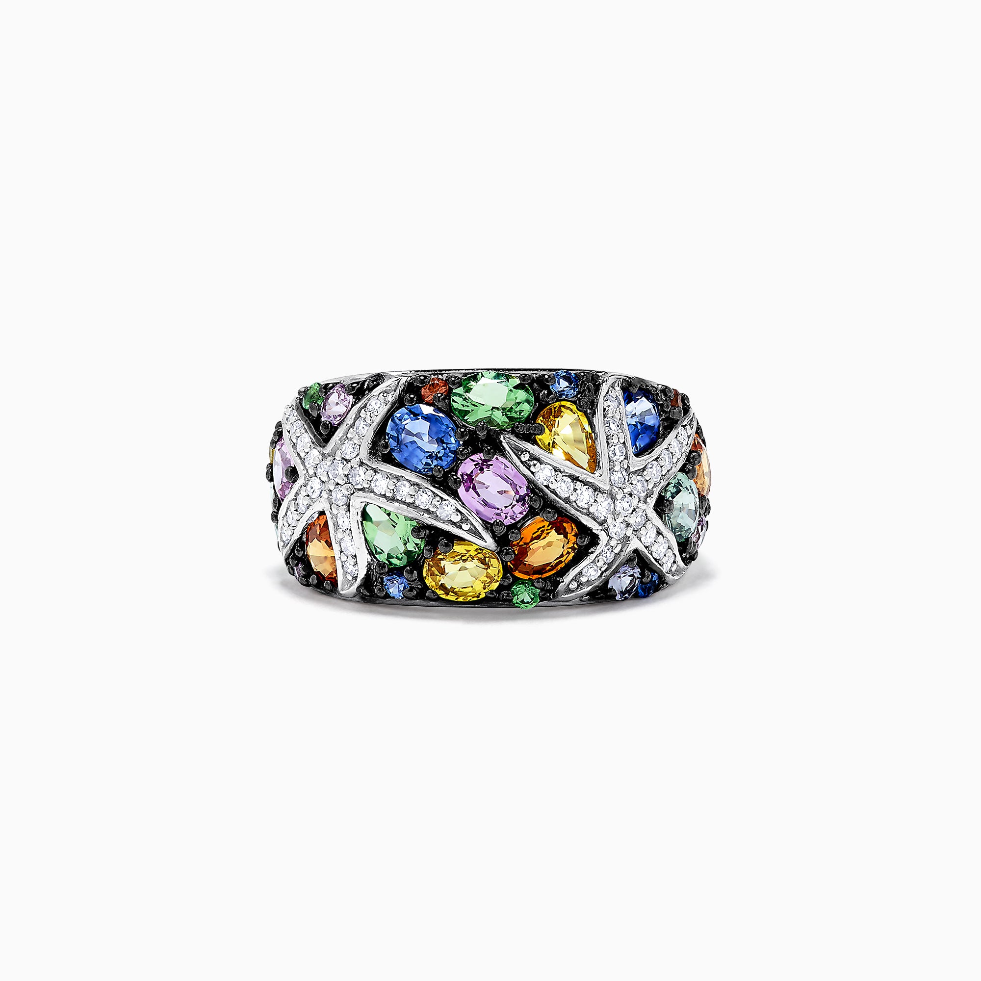 The Watercolors 14K White Gold Multi Sapphire and Diamond Ring, 3.75 TCW, features two starfish shapes set with blue, green, yellow, orange, and purple sapphires in a vibrant design against white gold.