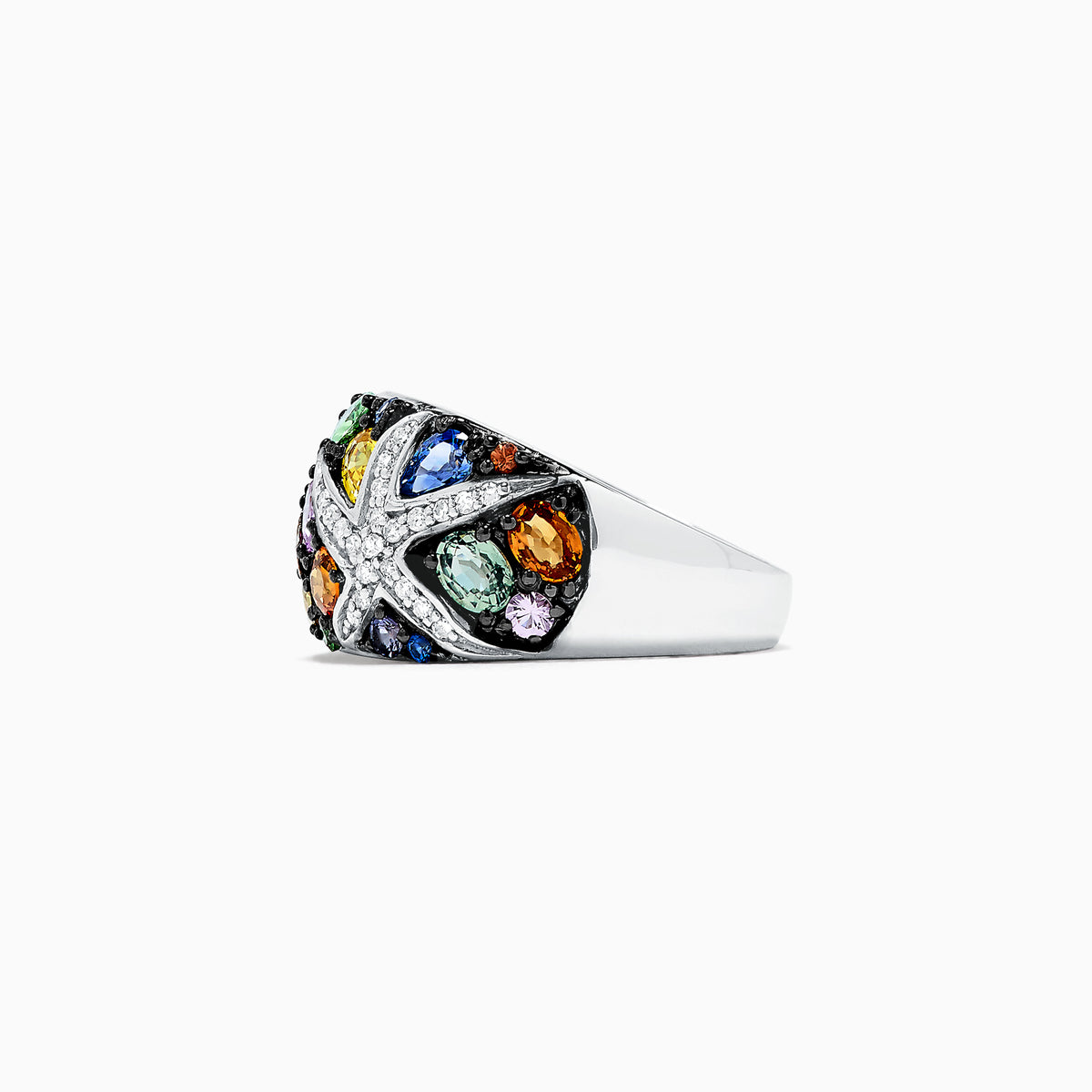 The Watercolors 14K White Gold Multi Sapphire and Diamond Ring, 3.75 TCW, features two starfish shapes set with blue, green, yellow, orange, and purple sapphires in a vibrant design against white gold.