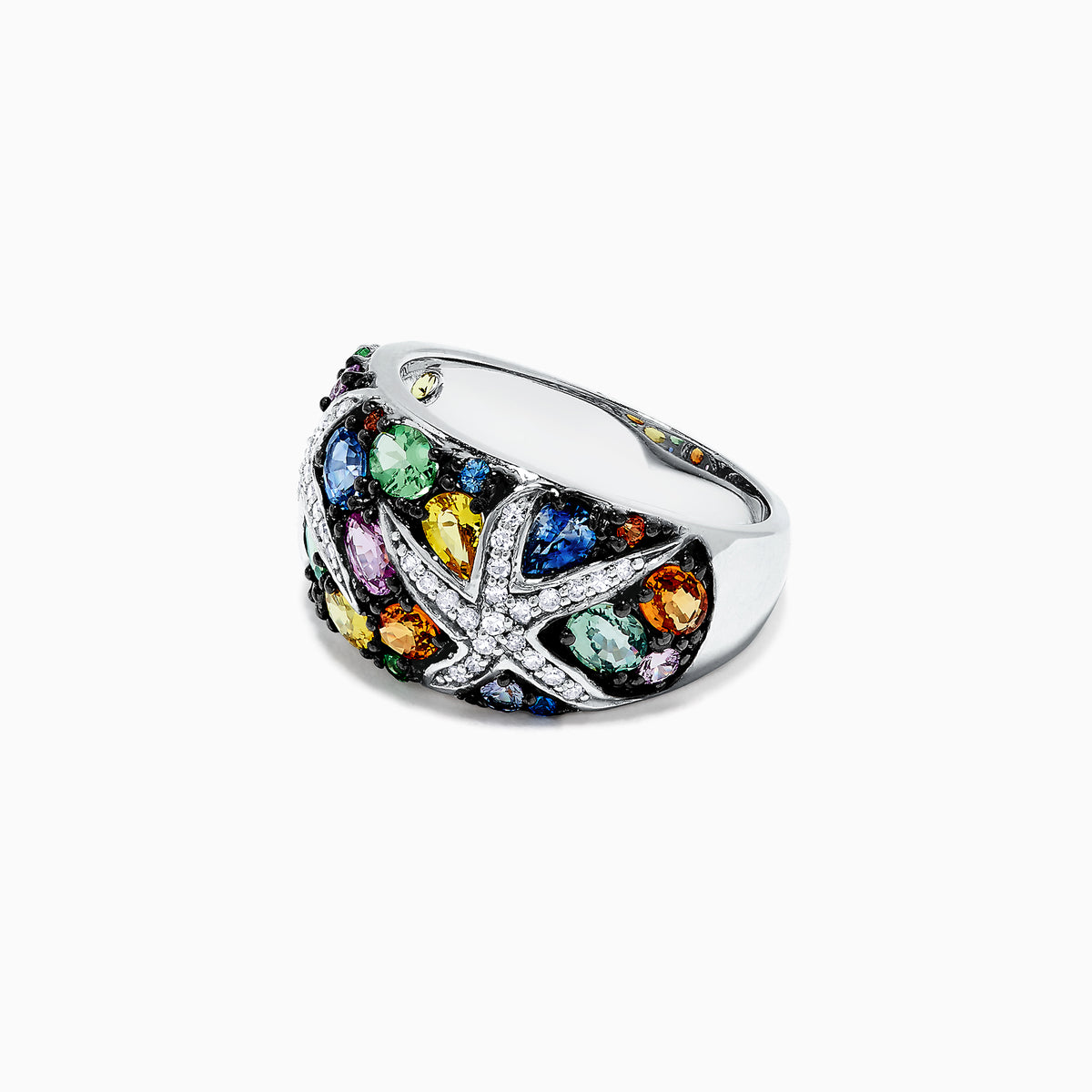 The Watercolors 14K White Gold Multi Sapphire and Diamond Ring, 3.75 TCW, features two starfish shapes set with blue, green, yellow, orange, and purple sapphires in a vibrant design against white gold.