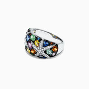 The Watercolors 14K White Gold Multi Sapphire and Diamond Ring, 3.75 TCW, features two starfish shapes set with blue, green, yellow, orange, and purple sapphires in a vibrant design against white gold.