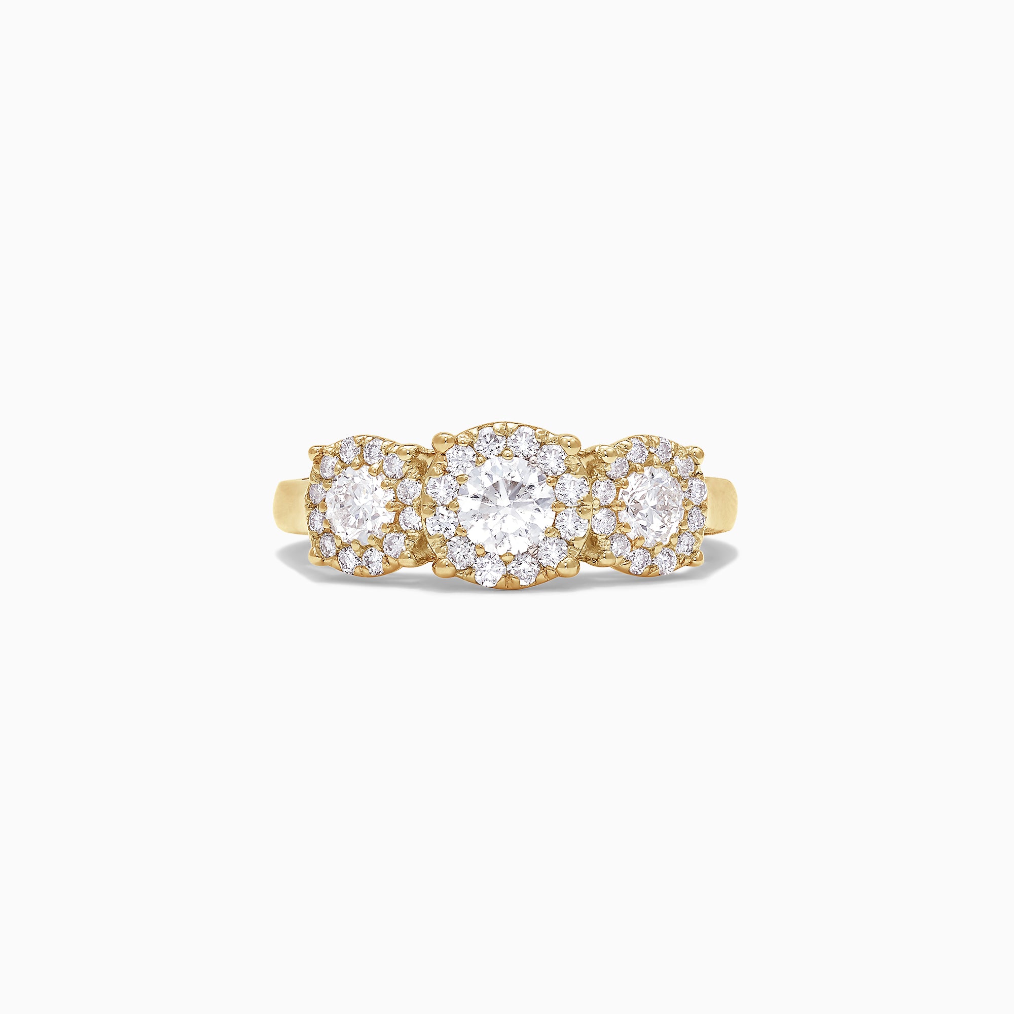 The Bouquet 14K Yellow Gold Three-Stone Diamond Halo Ring, 1.01 TCW, showcases three round diamonds with sparkling halos set in a thick gold band, displayed on a plain white background.