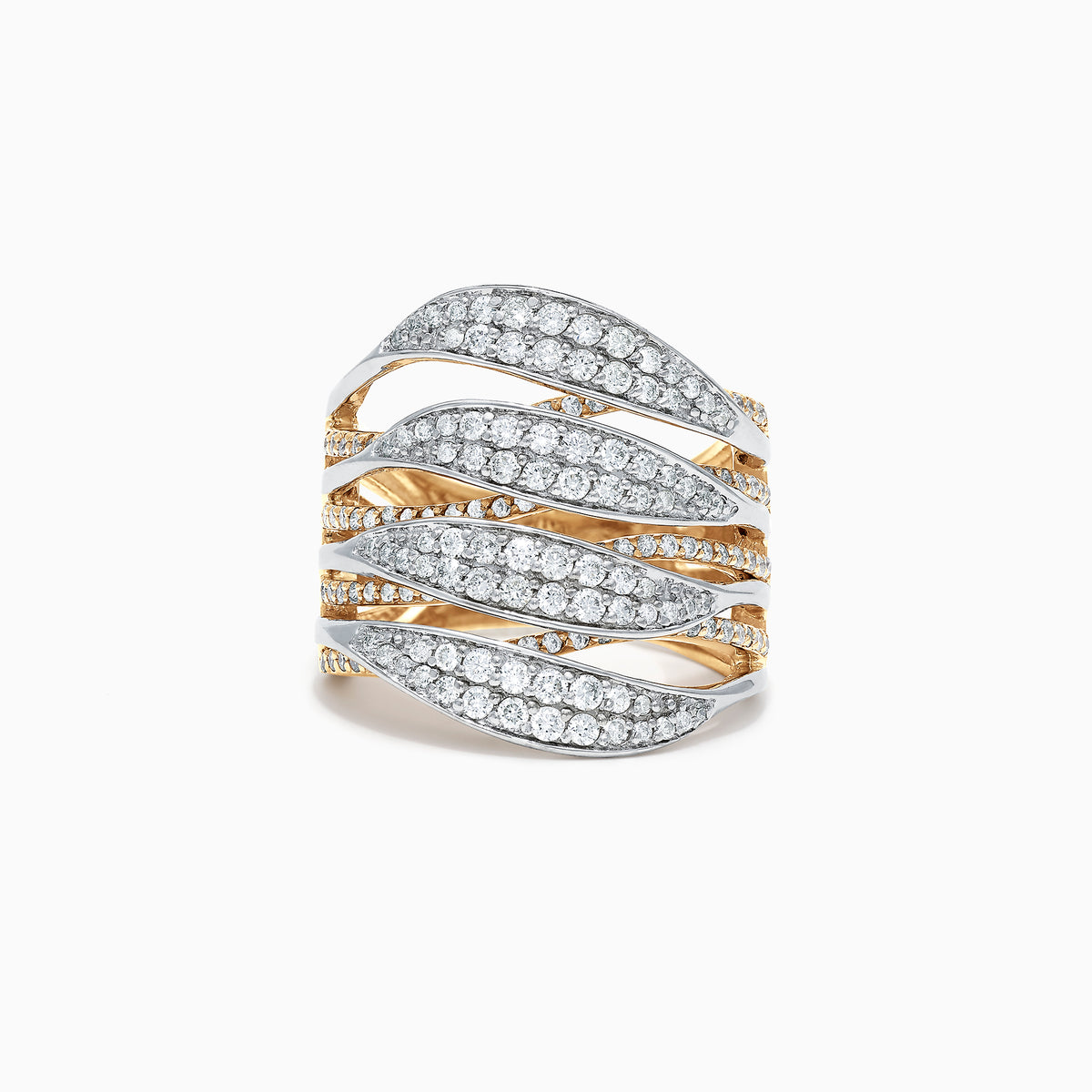 The Duo 14K Yellow and White Gold Diamond Ring, 1.31 TCW, features multiple overlapping wavy bands encrusted with sparkling white diamonds. Displayed against a white background.