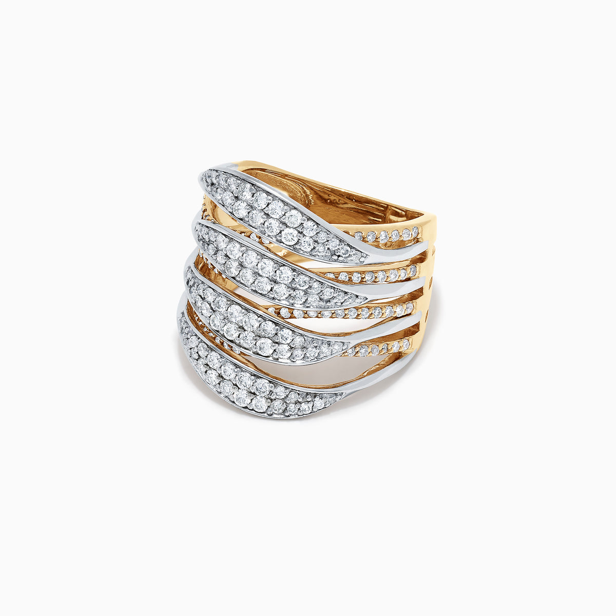 The Duo 14K Yellow and White Gold Diamond Ring, 1.31 TCW, features multiple overlapping wavy bands encrusted with sparkling white diamonds. Displayed against a white background.