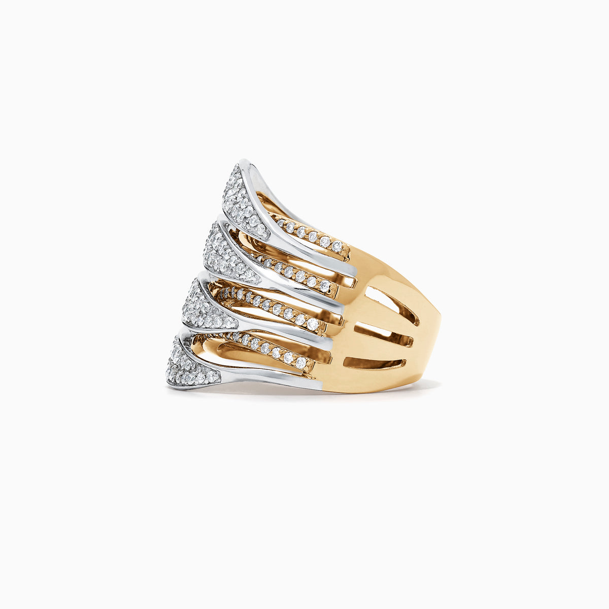 The Duo 14K Yellow and White Gold Diamond Ring, 1.31 TCW, features multiple overlapping wavy bands encrusted with sparkling white diamonds. Displayed against a white background.