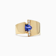 The Nahla Siri 14K yellow gold ring features a 0.74 TCW off-center triangular tanzanite and a vertical row of five round white diamonds, shown on a plain white background.