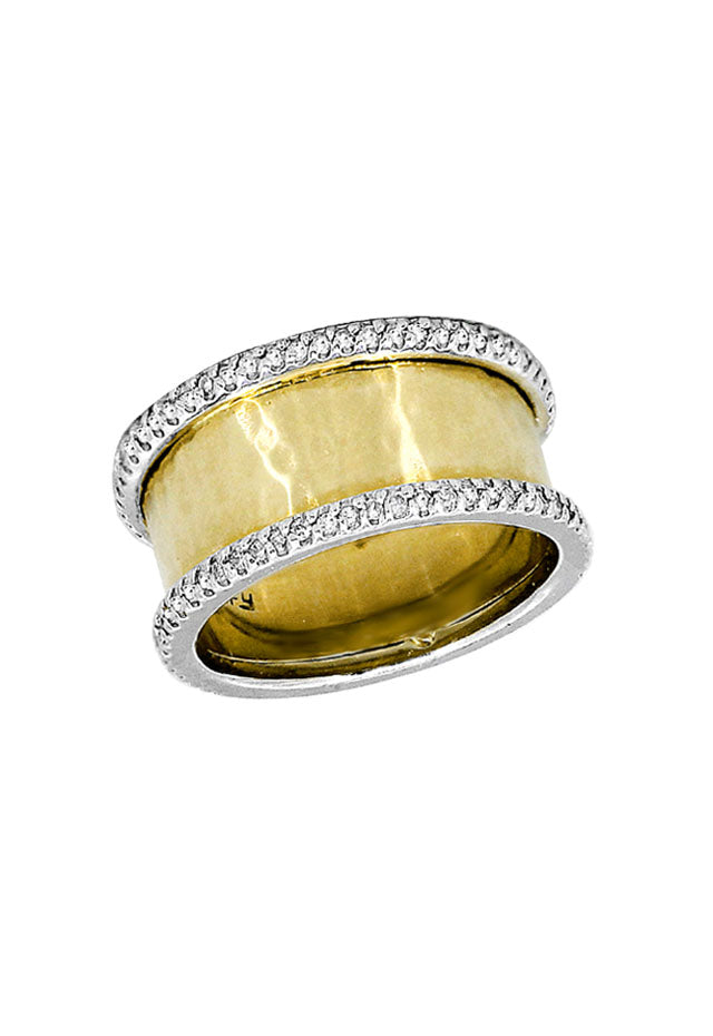 The DOro 14K Yellow and White Gold Diamond Ring, 0.36 TCW, features a wide textured center, diamond-encrusted edges, and a polished finish—a stunning Effy piece that pairs beautifully with any Diamond Pendant.