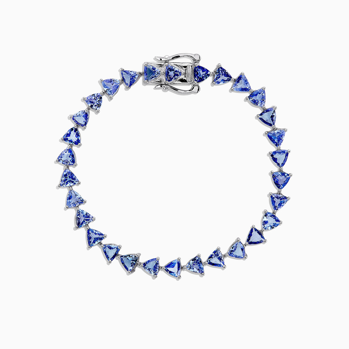 The Nahla Siri Sterling Silver Tanzanite Tennis Bracelet, 11.40 TCW, features a circle of evenly spaced triangular tanzanite gemstones and is finished with a secure clasp.