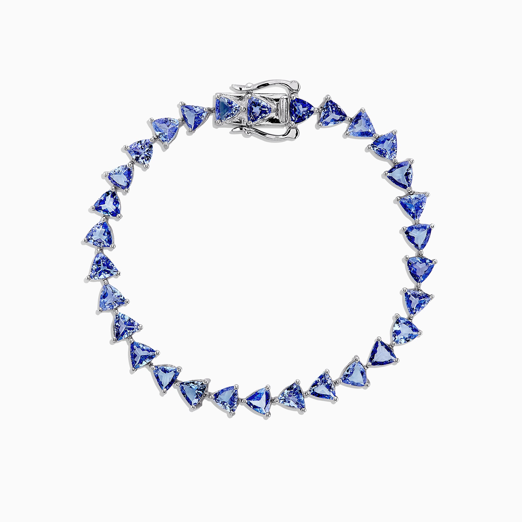 The Nahla Siri Sterling Silver Tanzanite Tennis Bracelet, 11.40 TCW, features a circle of evenly spaced triangular tanzanite gemstones and is finished with a secure clasp.