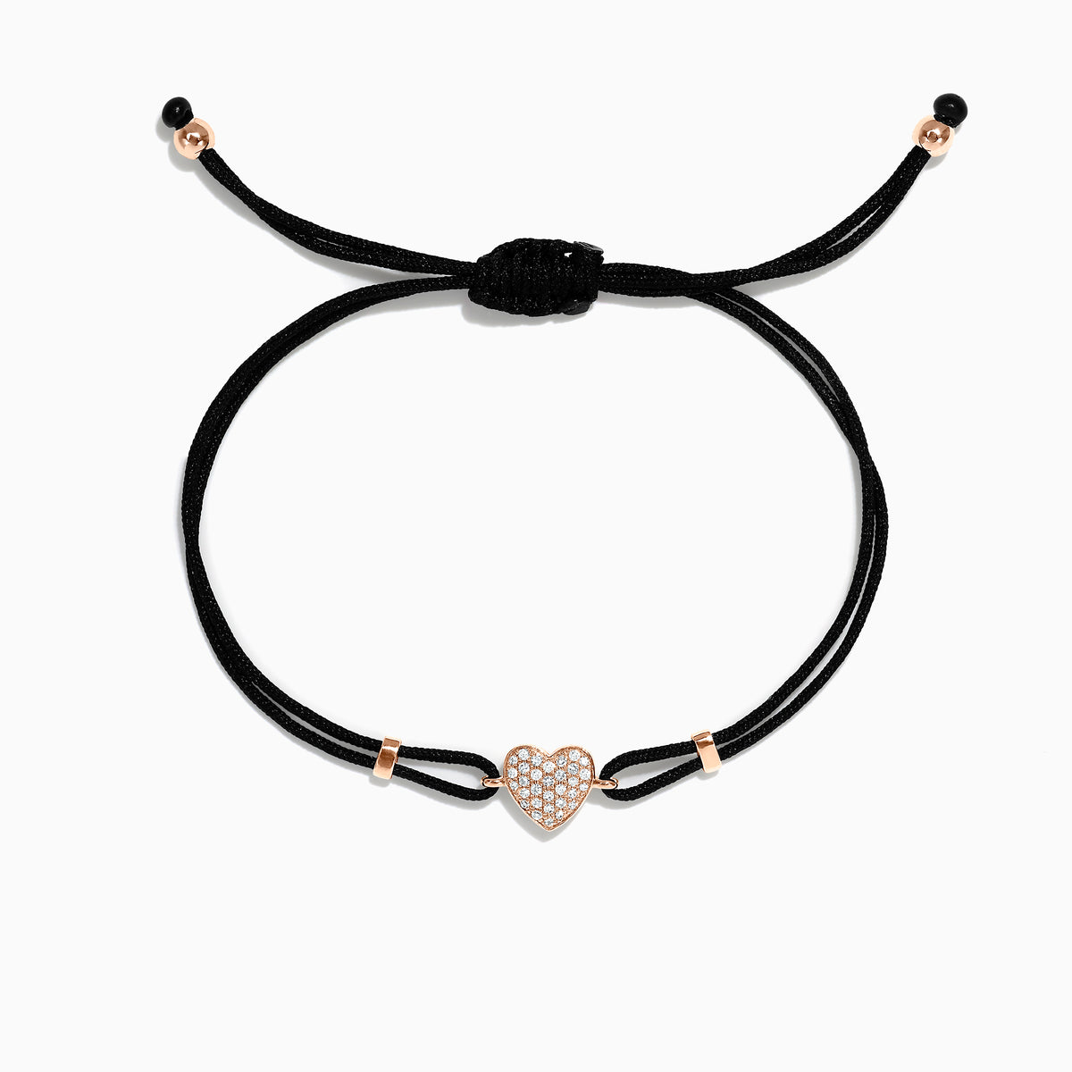 The Novelty 14K Rose Gold Diamond Heart String Bracelet features an adjustable black cord, a central rose gold heart with 0.13 TCW diamonds, and gold accents at the cords ends.