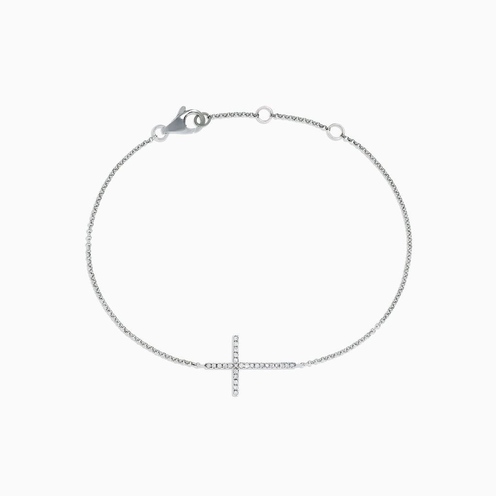 Novelty 14K White Gold Diamond Cross Bracelet, 0.09, showcases a horizontal cross accented with sparkling diamonds and is finished with a secure lobster clasp.