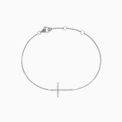 Novelty 14K White Gold Diamond Cross Bracelet, 0.09, showcases a horizontal cross accented with sparkling diamonds and is finished with a secure lobster clasp.