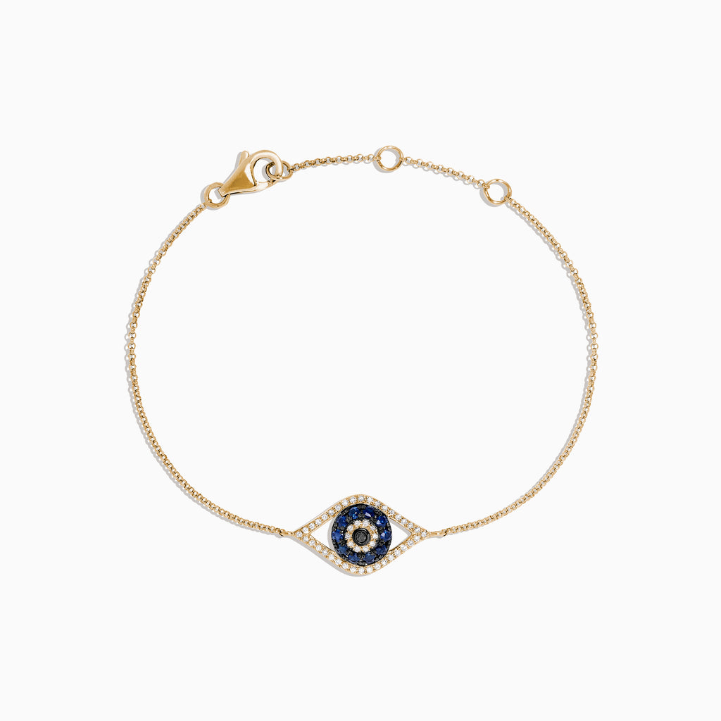 Novelty 14K Yellow Gold Sapphire & Diamond Evil Eye Bracelet, 0.43 TCW, features an eye-shaped charm with blue sapphire and diamonds, finished with a secure lobster clasp.