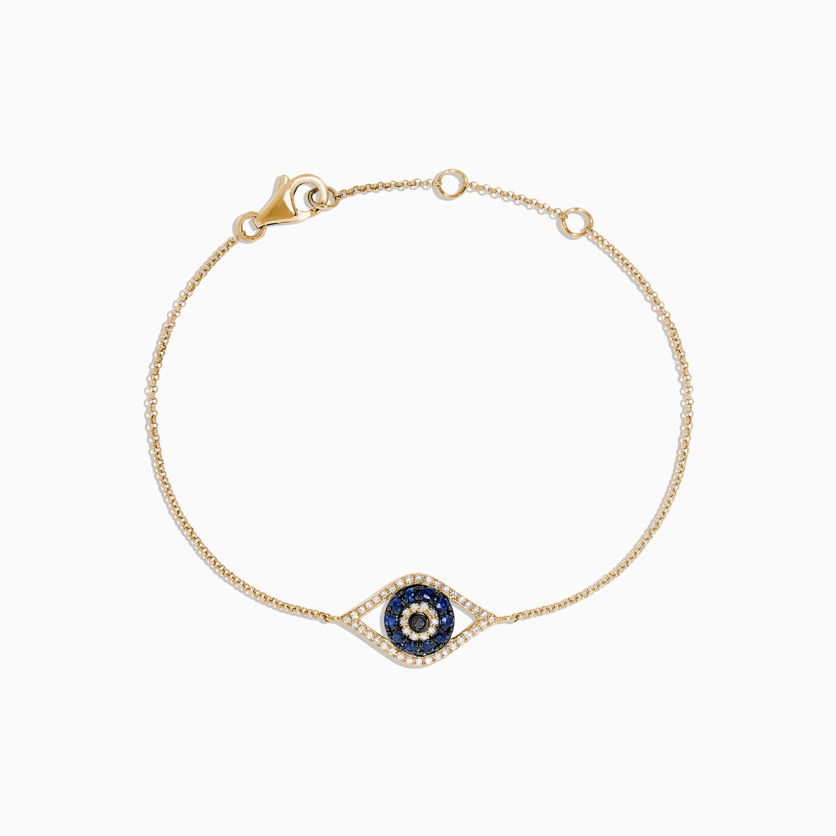 Novelty 14K Yellow Gold Sapphire & Diamond Evil Eye Bracelet, 0.43 TCW, features an eye-shaped charm with blue sapphire and diamonds, finished with a secure lobster clasp.