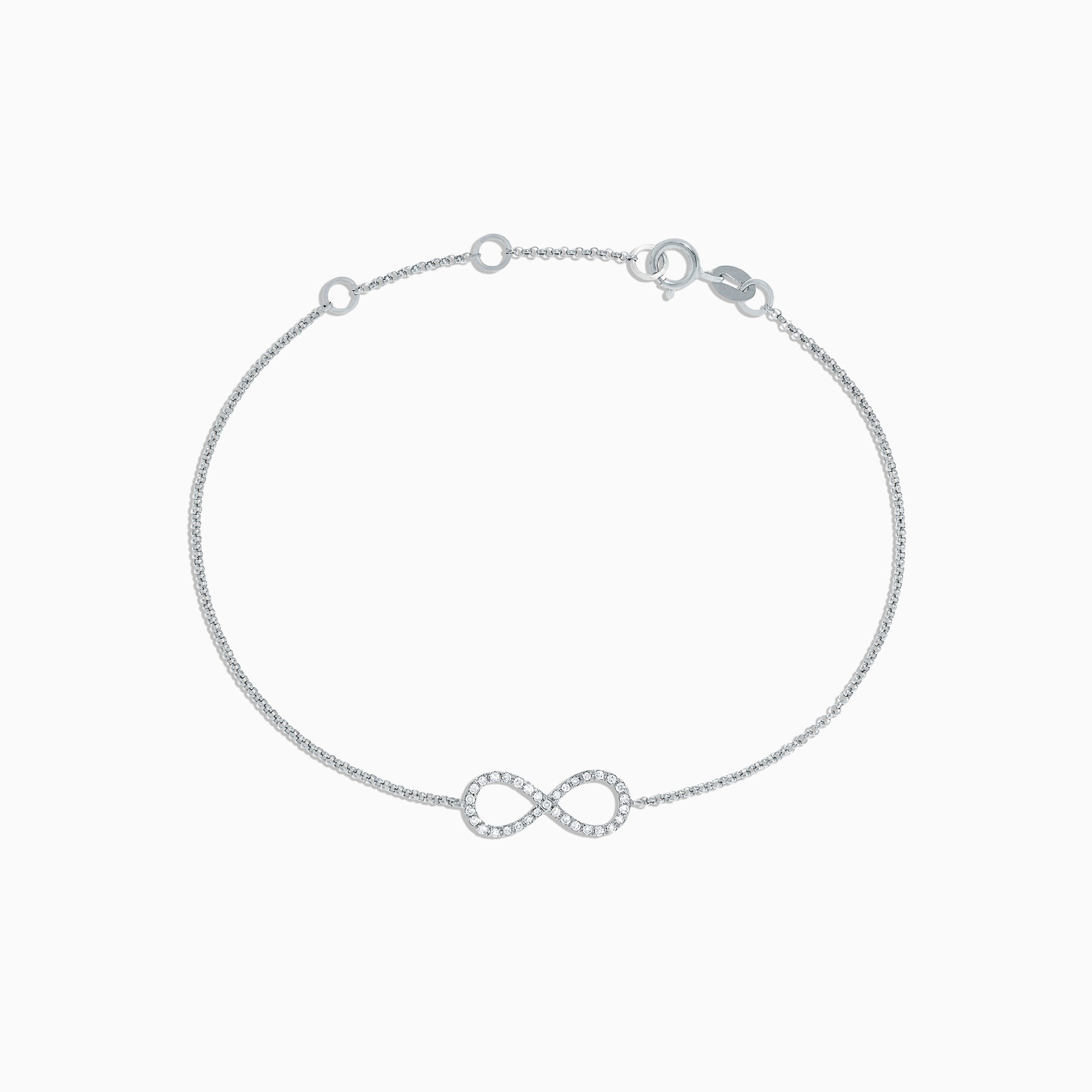 The Novelty 14K White Gold Diamond Infinity Bracelet, 0.12 TCW, features a sparkling infinity symbol on a delicate chain with clasp closure and three adjustable loops for an ideal fit.