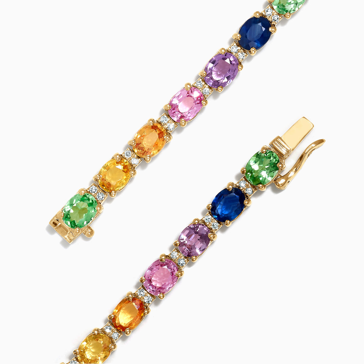 The Watercolors 14K Gold Multi Sapphire and Diamond Bracelet, 8.96 TCW, showcases a vibrant row of round blue, purple, pink, orange, yellow, and green sapphires sparkling on the gold band against a white background.