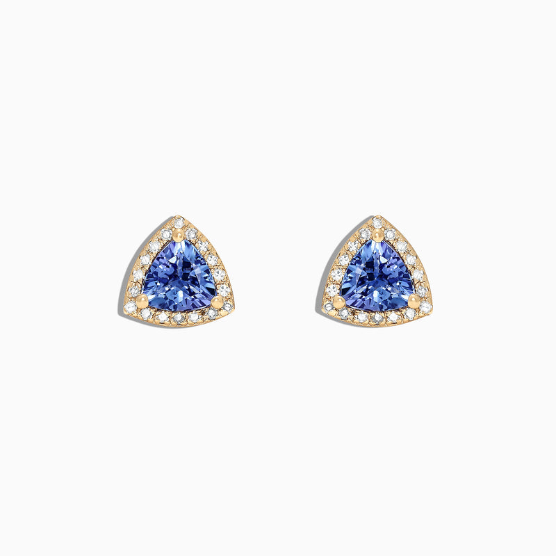 A pair of Nahla Siri 14K Yellow Gold Tanzanite and Diamond Stud Earrings, 1.19 TCW, featuring triangular blue stones surrounded by diamonds, is displayed on a white background.