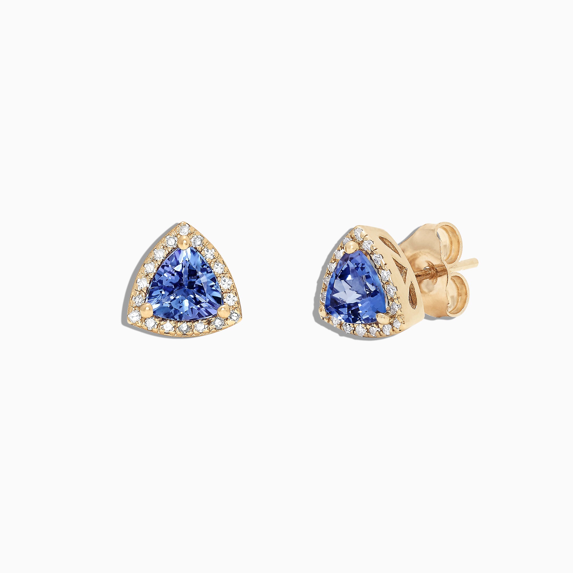 A pair of Nahla Siri 14K Yellow Gold Tanzanite and Diamond Stud Earrings, 1.19 TCW, featuring triangular blue stones surrounded by diamonds, is displayed on a white background.