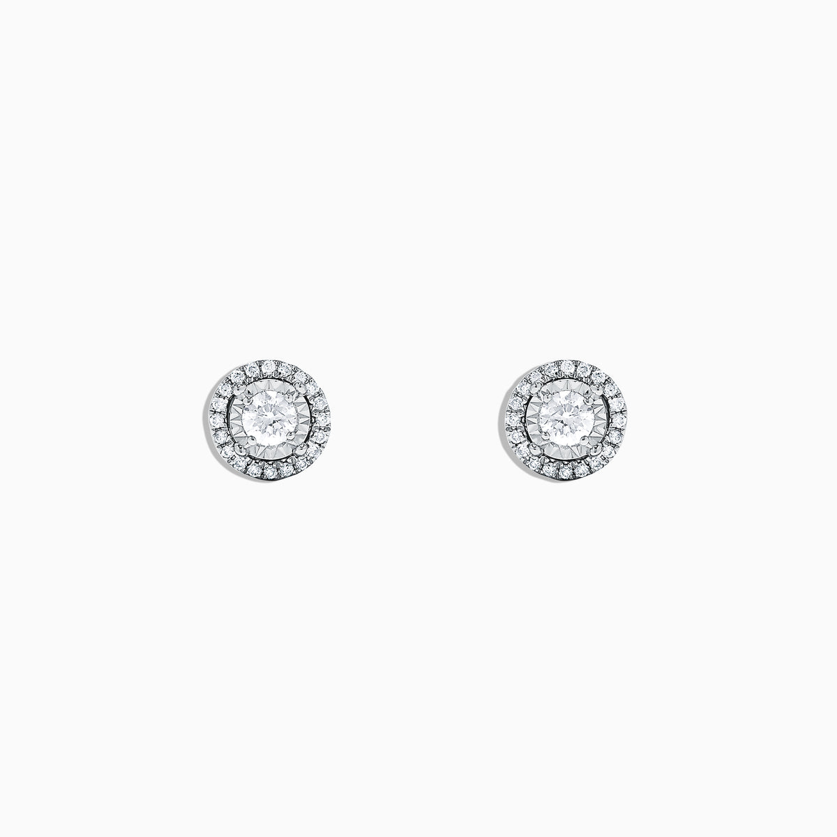 A pair of Pave Classica 14K White Gold Diamond Halo Stud Earrings, 0.35 TCW, featuring a central round stone surrounded by a diamond halo, is displayed on a plain white background.