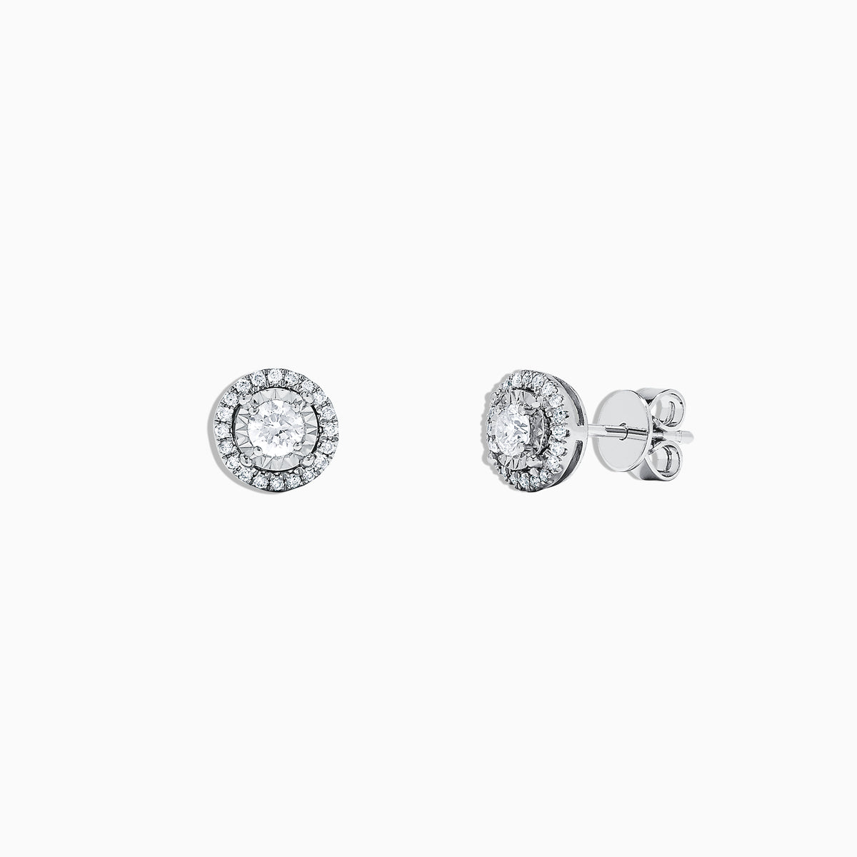 A pair of Pave Classica 14K White Gold Diamond Halo Stud Earrings, 0.35 TCW, featuring a central round stone surrounded by a diamond halo, is displayed on a plain white background.