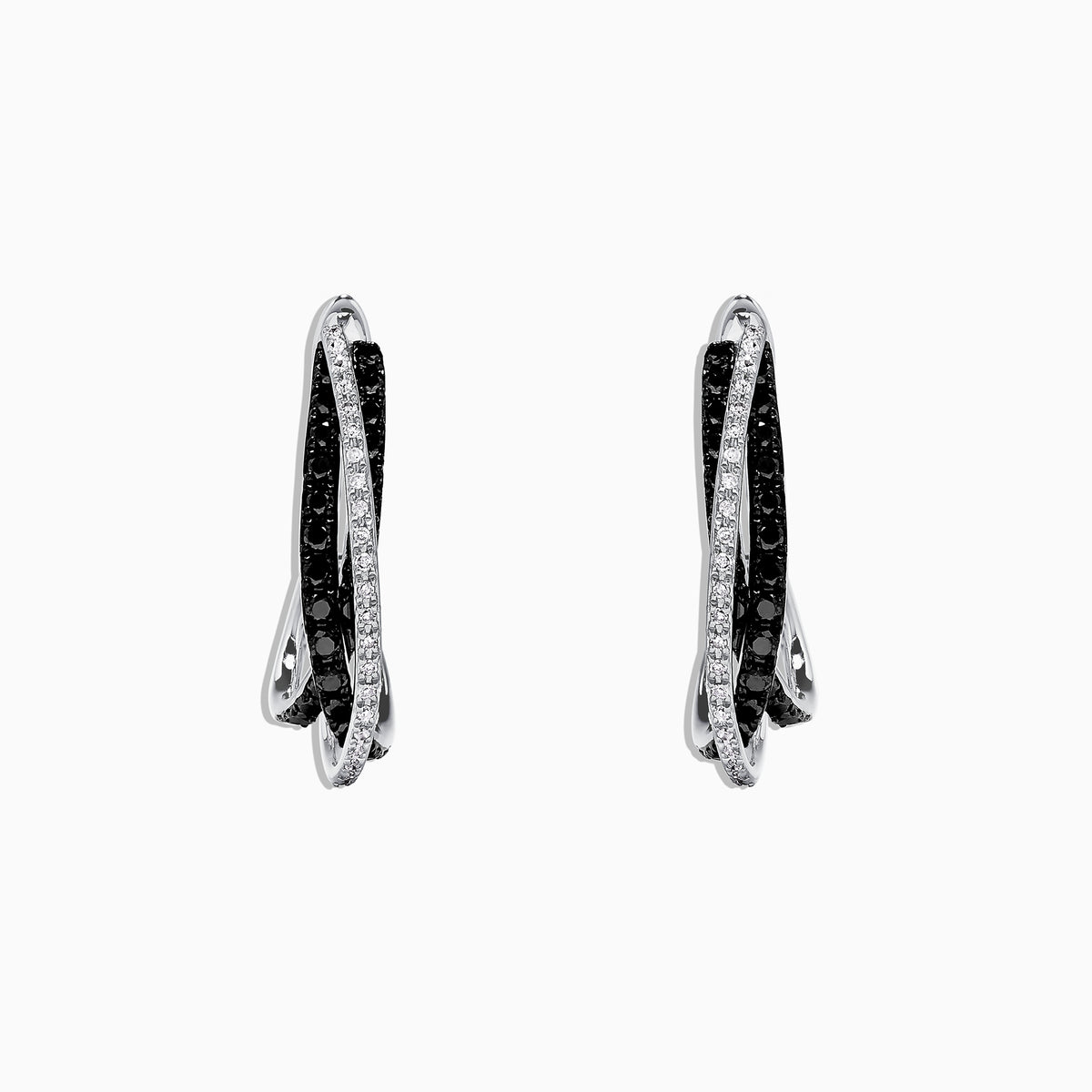 A pair of elegant Effy 14K White Gold Black and White Diamond Earrings (0.79 TCW) featuring intertwined bands, displayed on a white background.