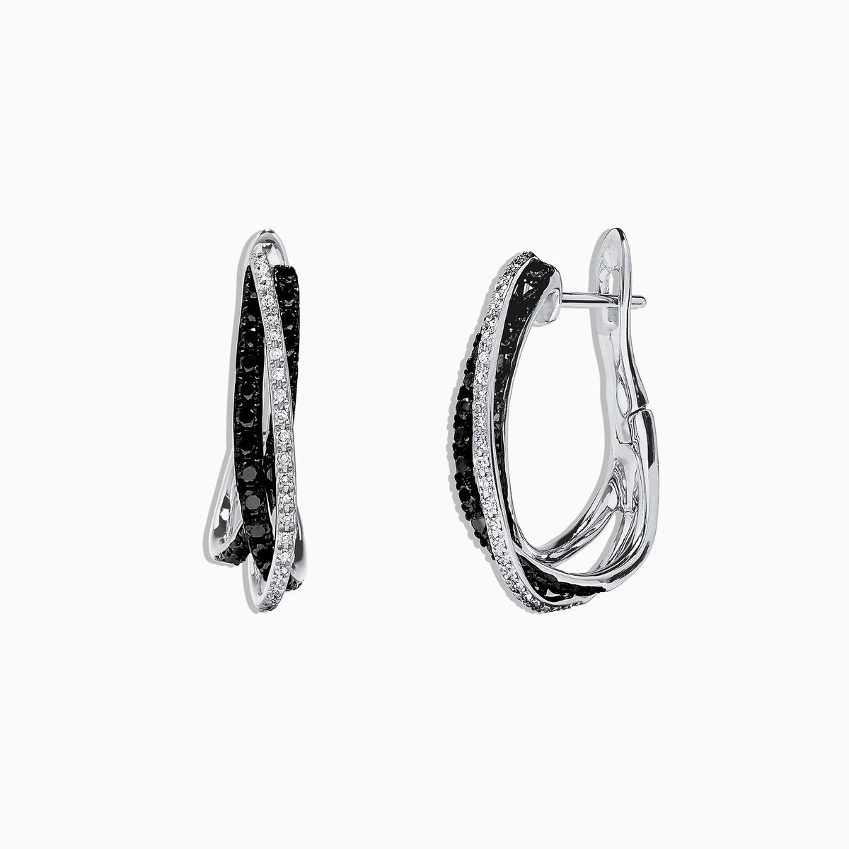 A pair of elegant Effy 14K White Gold Black and White Diamond Earrings (0.79 TCW) featuring intertwined bands, displayed on a white background.
