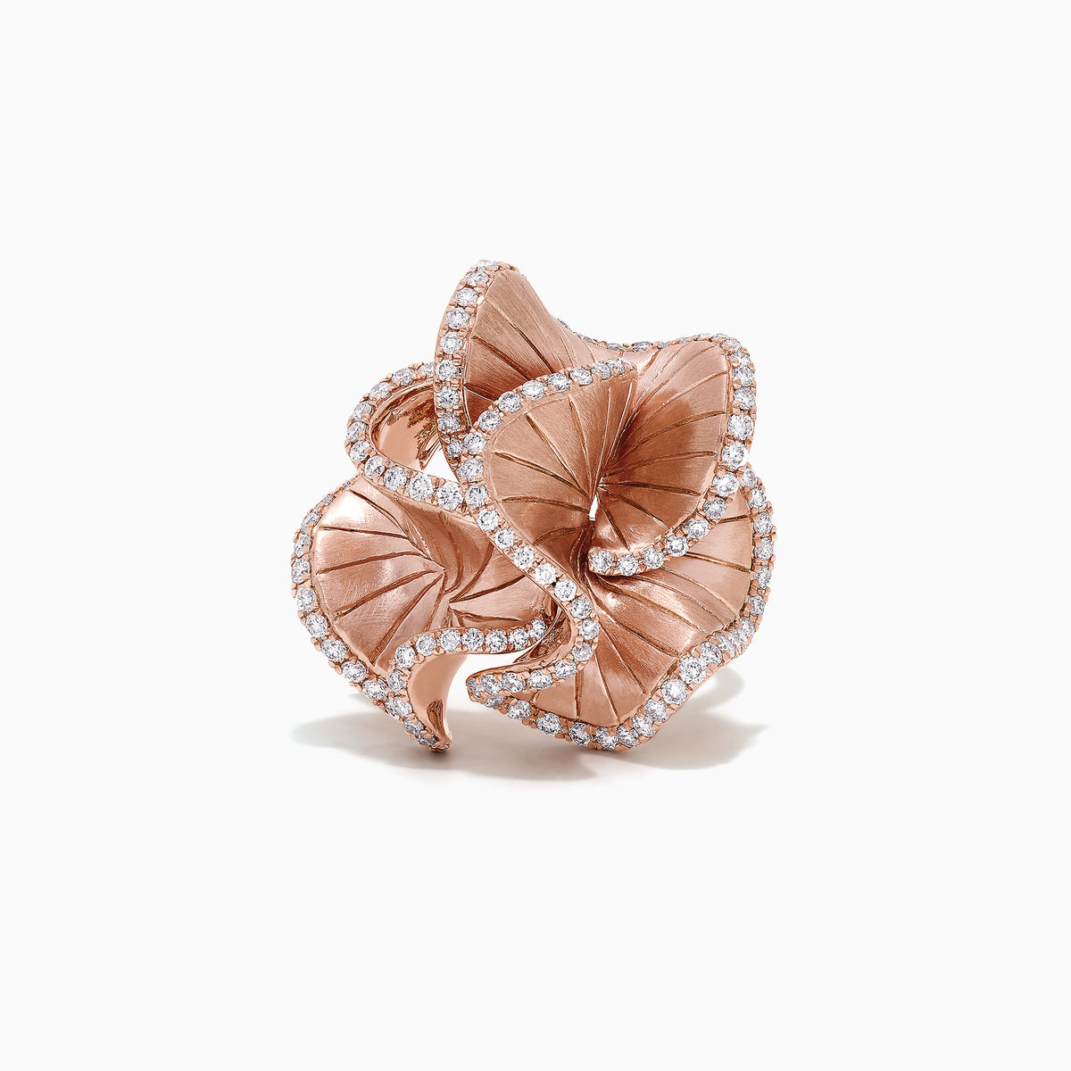 The Pave Rose 14K Rose Gold Diamond Flower Ring, 0.90 TCW, features intricately detailed petals sparkling with diamonds, inspired by Effy Pave and set against a plain white background.
