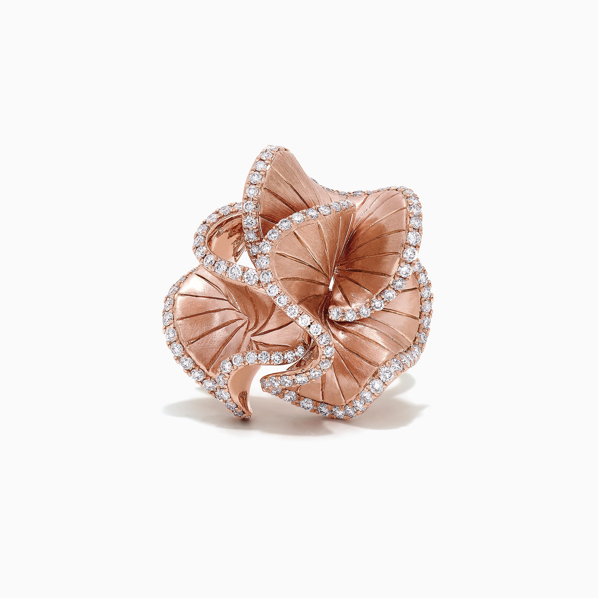 The Pave Rose 14K Rose Gold Diamond Flower Ring, 0.90 TCW, features intricately detailed petals sparkling with diamonds, inspired by Effy Pave and set against a plain white background.
