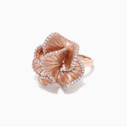 The Pave Rose 14K Rose Gold Diamond Flower Ring, 0.90 TCW, features intricately detailed petals sparkling with diamonds, inspired by Effy Pave and set against a plain white background.